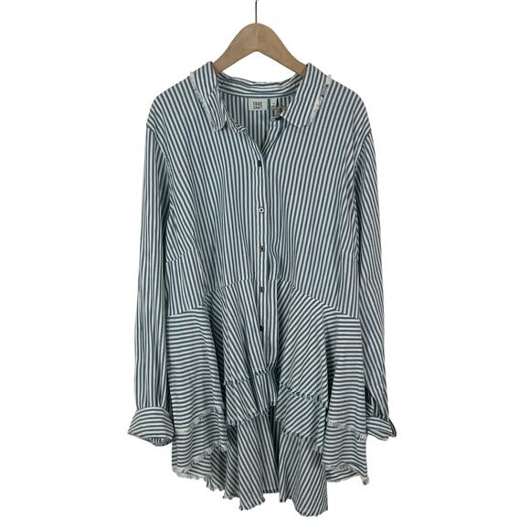 NWT True Craft Ruffled Blue & White Striped Button Front Shirt Size 1X - Picture 1 of 7